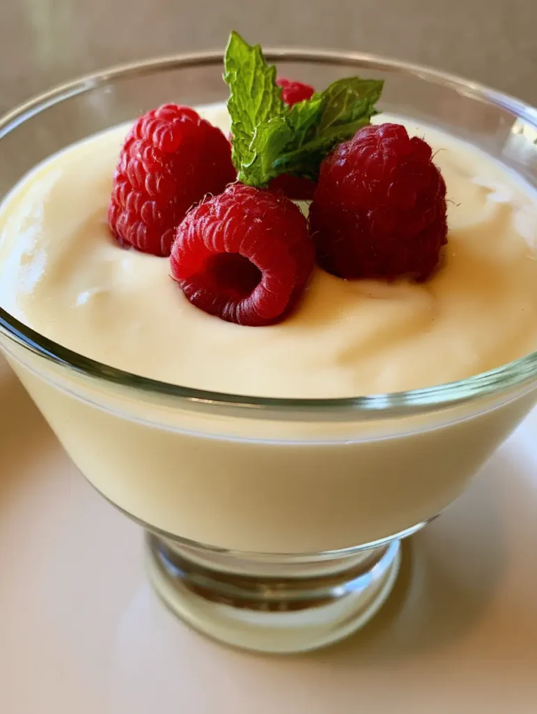 Bavarian Cream Recipe: The Ultimate Velvety Vanilla Dessert 1 Soft daylight hitting a clear glass bowl filled with ivory Bavarian cream and red raspberries. (Bavarian Cream Recipe)
