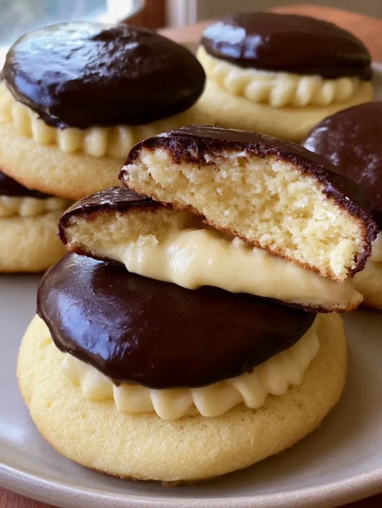 A close-up of Boston Cream Pie Cookies showing the pale golden-yellow cake base and smooth cream filling.
