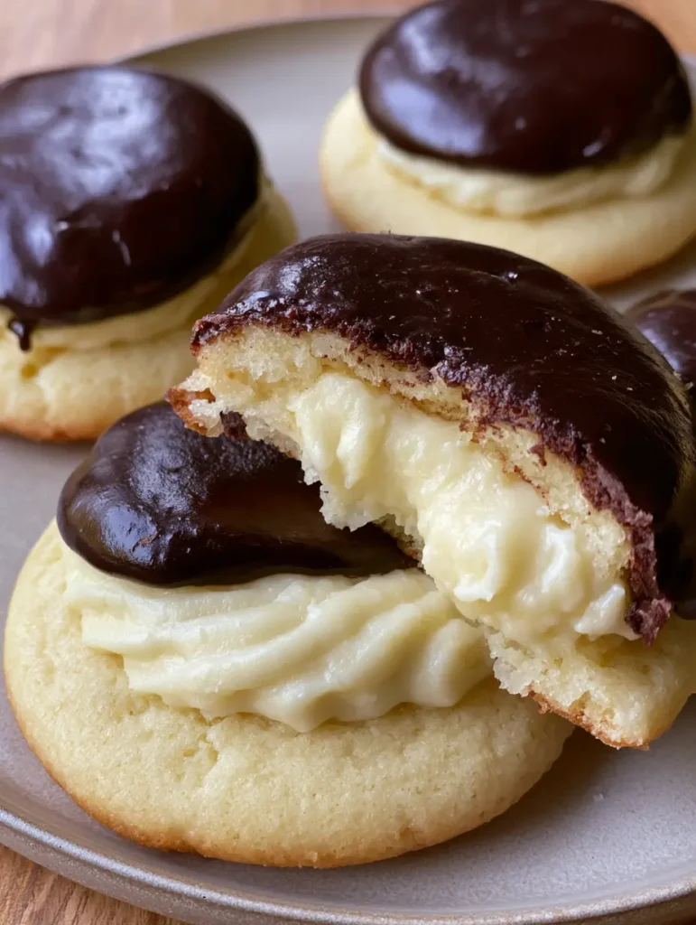 One Boston Cream Pie Cookie broken in half to reveal the thick pale ivory vanilla custard interior.