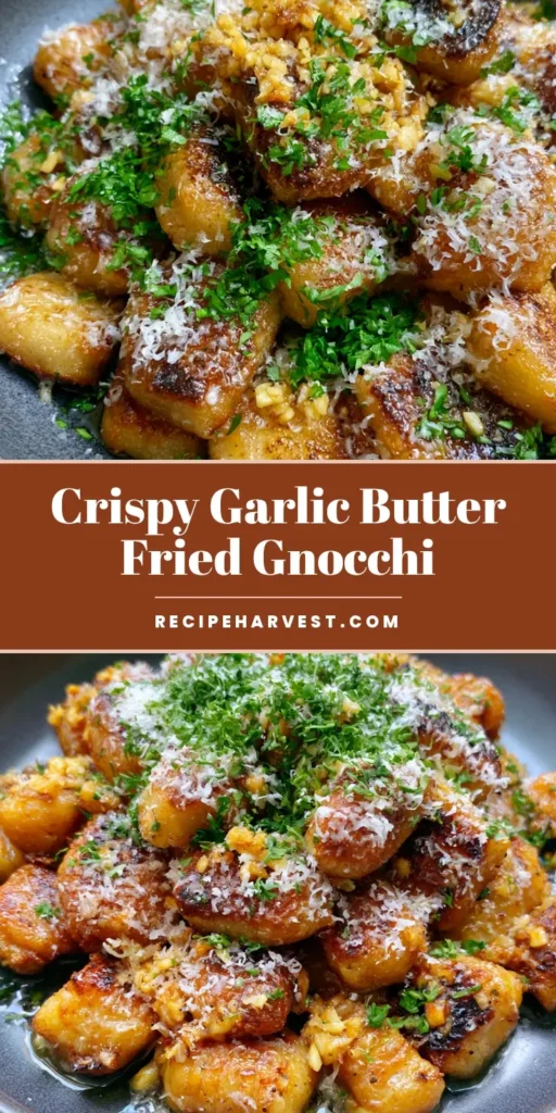 Fried Gnocchi: The Ultimate Crispy Garlic Butter Recipe 4 A close-up vertical shot of crispy Fried Gnocchi with golden charred edges, glistening garlic butter, and a heavy dusting of parmesan and parsley.