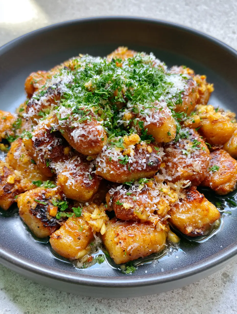 Fried Gnocchi: The Ultimate Crispy Garlic Butter Recipe 3 Top-down view of Fried Gnocchi in a dark grey bowl on a stone countertop, showing the blistered surfaces and green parsley.