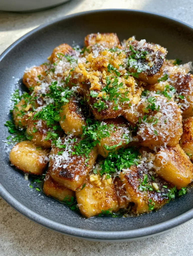 Fried Gnocchi: The Ultimate Crispy Garlic Butter Recipe 1 Handheld photo of Fried Gnocchi glistening with melted garlic butter and snowy white parmesan cheese.