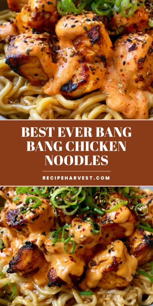 Bang Bang Chicken Noodle Bowl: The Creamy, Spicy Recipe You’ll Crave 4 A shallow matte grey bowl filled with thick wheat noodles and seared chicken drenched in orange Bang Bang sauce. (Bang Bang Chicken Noodle Bowl)