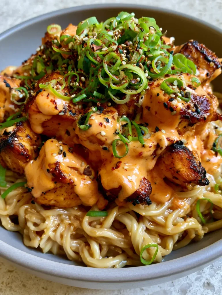 Bang Bang Chicken Noodle Bowl: The Creamy, Spicy Recipe You’ll Crave 2 Close-up of charred chicken pieces smothered in velvety orange chili mayo sauce on a bed of glossy noodles. (Bang Bang Chicken Noodle Bowl)
