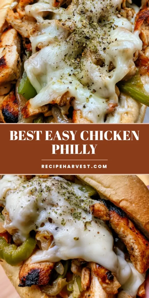 A handheld Chicken Philly Cheese Steak sandwich with melted provolone cheese, charred chicken strips, and green peppers on a toasted roll. (Chicken Philly Cheese Steak)