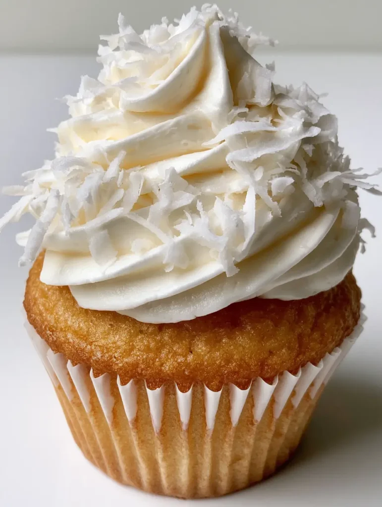 Coconut Buttercream Frosting: The Ultimate Fluffy Tropical Topping 1 A high, thick swirl of Coconut Buttercream Frosting on a cupcake in a white paper liner.
