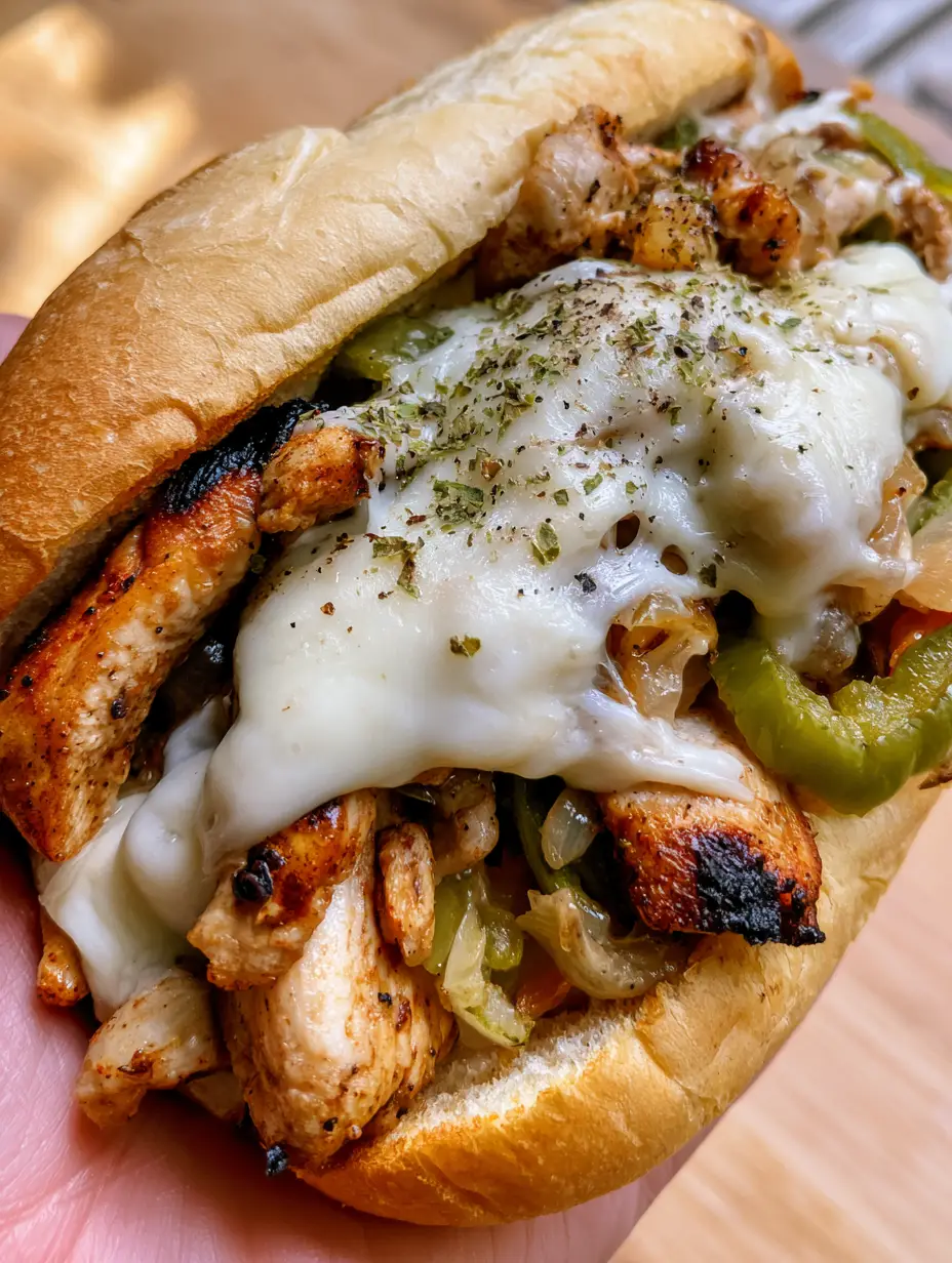 Close up of a Chicken Philly Cheese Steak showing the stretchy textures of melted white provolone cheese and seared chicken. (Chicken Philly Cheese Steak)