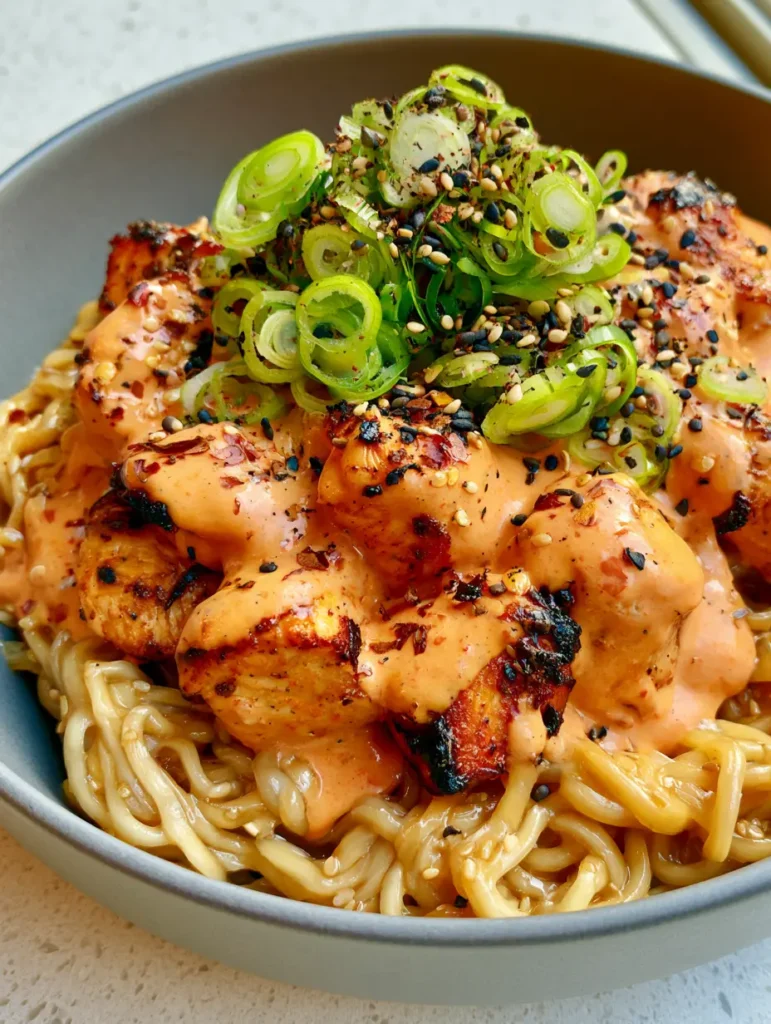 Bang Bang Chicken Noodle Bowl: The Creamy, Spicy Recipe You’ll Crave 1 Handheld photo of the Bang Bang Chicken Noodle Bowl showing scallion and sesame seed garnishes.