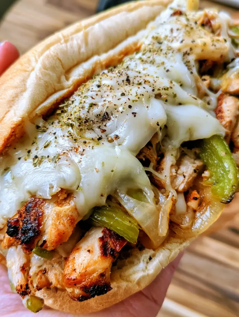 Handheld photo of a Chicken Philly Cheese Steak over a wooden table, featuring translucent sautéed onions and oregano flakes.