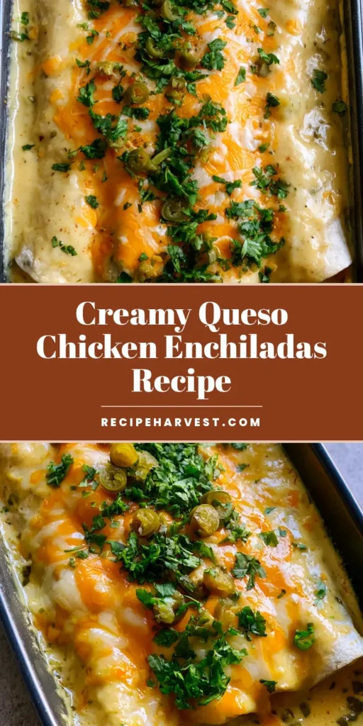 Queso Chicken Enchiladas: The Ultimate Creamy Comfort Food Recipe 4 A close-up of four tightly packed Queso Chicken Enchiladas in a dark dish, smothered in pale-yellow cheese sauce with bubbly melted cheddar and fresh cilantro. (Queso Chicken Enchiladas)