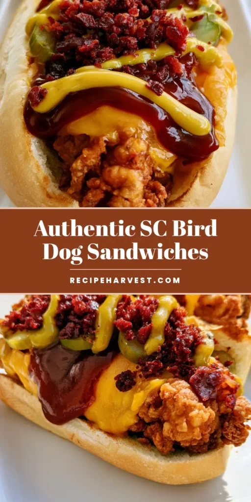 A close-up vertical shot of a South Carolina Bird Dog Sandwich featuring a crispy chicken tender, melted cheddar, bacon crumbles, and a double drizzle of honey mustard and BBQ sauce on a toasted hoagie roll.