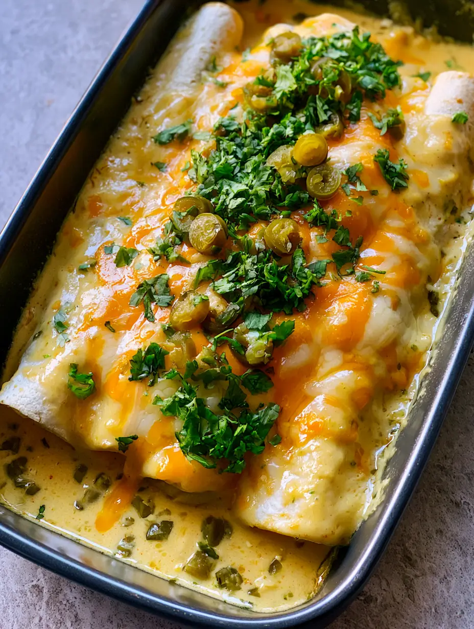 Queso Chicken Enchiladas: The Ultimate Creamy Comfort Food Recipe 3 High-angle shot of Queso Chicken Enchiladas in a dark baking dish showing glossy sauce pooling and bubbly melted cheese. (Queso Chicken Enchiladas)