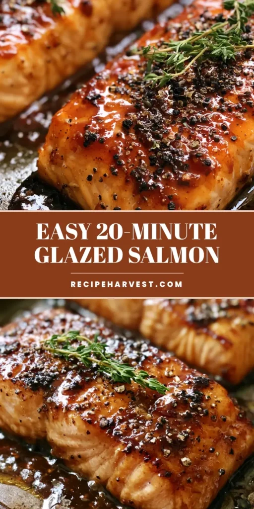 A vertical shot of Brown Sugar Glazed Salmon with a thick, bubbling deep-amber glaze and fresh thyme sprigs.