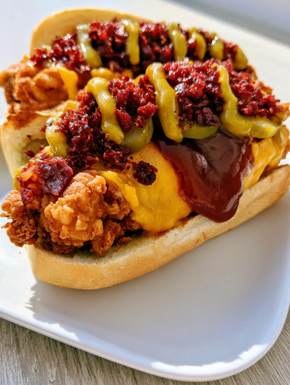 A handheld smartphone photo of South Carolina Bird Dog sandwiches on a white rectangular plate, showing melted cheese and glossy sauce drizzles. (Bird Dog Sandwich)