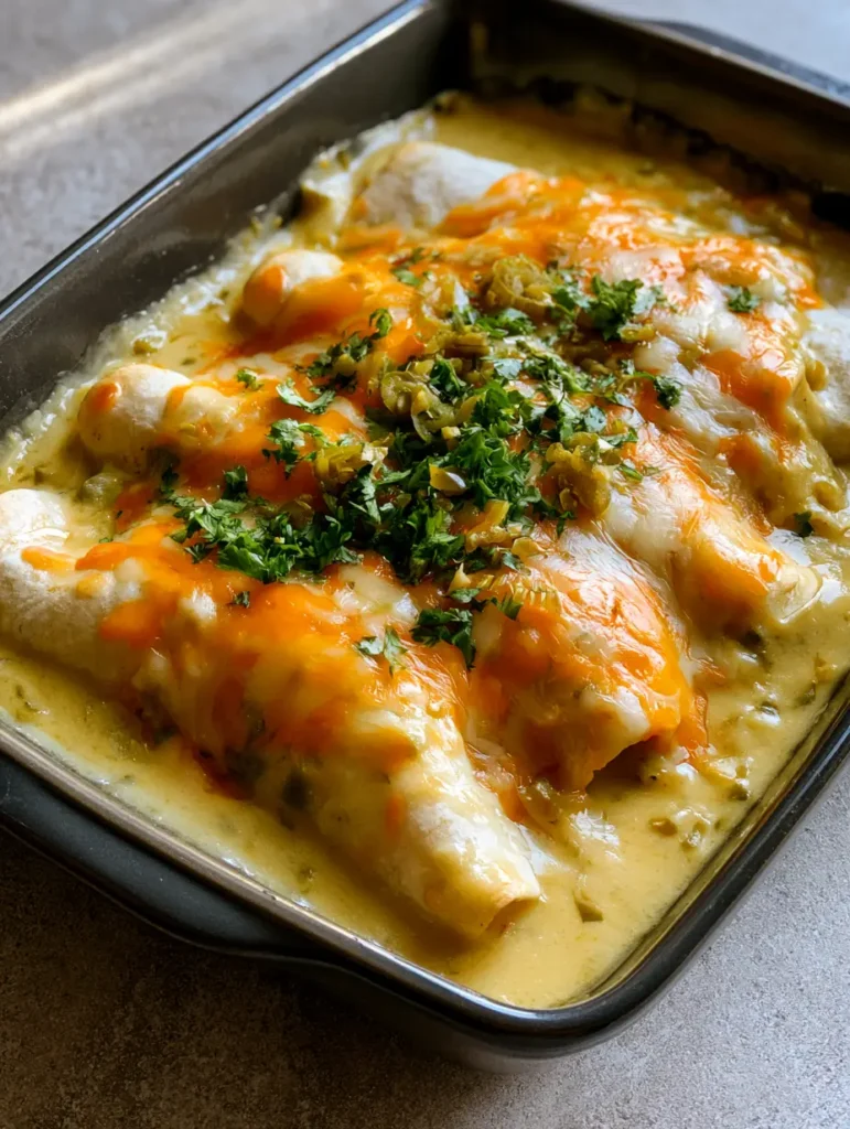 Queso Chicken Enchiladas: The Ultimate Creamy Comfort Food Recipe 1 Close-up detail of melted orange cheddar and white monterey jack cheese over Queso Chicken Enchiladas garnished with cilantro and jalapeños.