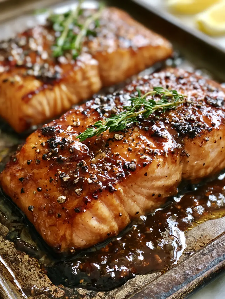 Close-up of two thick salmon fillets with a glossy caramelized brown sugar glaze and cracked black peppercorns. (Brown Sugar Glazed Salmon)