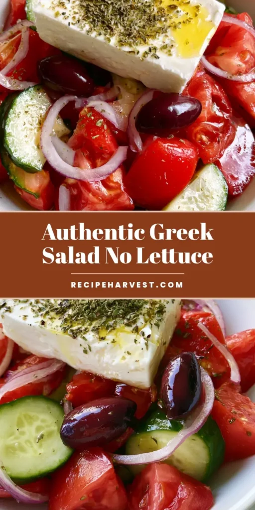 Authentic Greek Salad: The Ultimate Traditional Horiatiki Recipe 3 A close-up shot of an Authentic Greek Salad (Horiatiki) featuring chunky red tomatoes, cucumber half-moons, red onion rings, whole Kalamata olives, and a thick rectangular block of feta cheese on top.