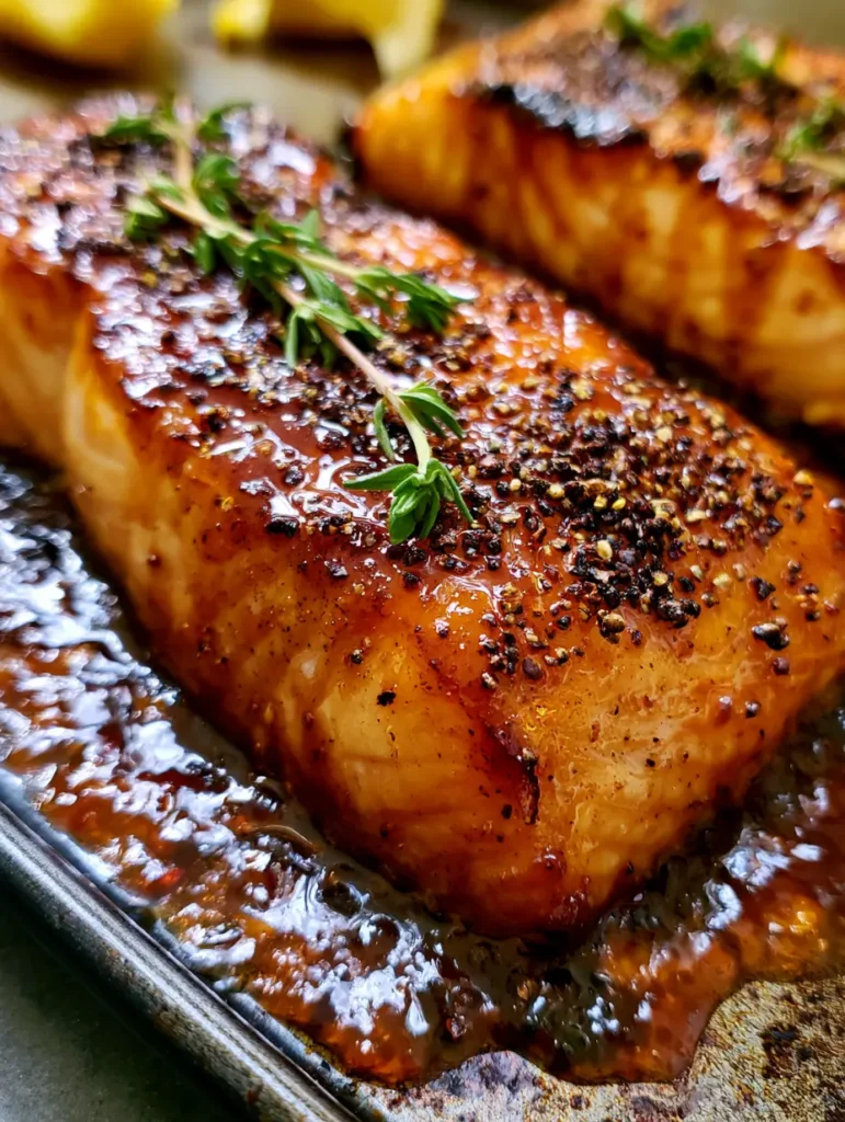 A top-down view of Brown Sugar Glazed Salmon showing the bubbling amber crust and roasted lemon wedges.