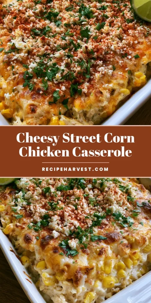 Street Corn Chicken Casserole: The Easiest Cheesy Weeknight Dinner 4 A close-up shot of a bubbly Street Corn Chicken Casserole with melted cheese, cotija, and cilantro in a white dish.