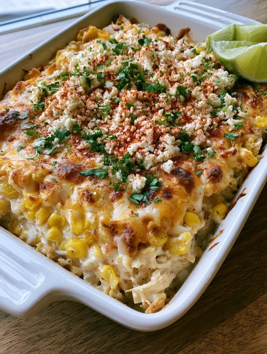 Street Corn Chicken Casserole: The Easiest Cheesy Weeknight Dinner 3 A rectangular white ceramic baking dish filled with a layered Street Corn Chicken Casserole featuring shredded chicken and bright corn.