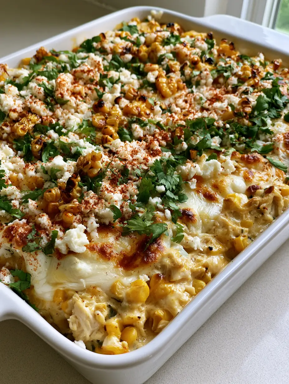 Street Corn Chicken Casserole: The Ultimate Cheesy Weeknight Dinner 3 Macro shot of Street Corn Chicken Casserole showing the glossy cream sauce and golden-brown mozzarella spots.