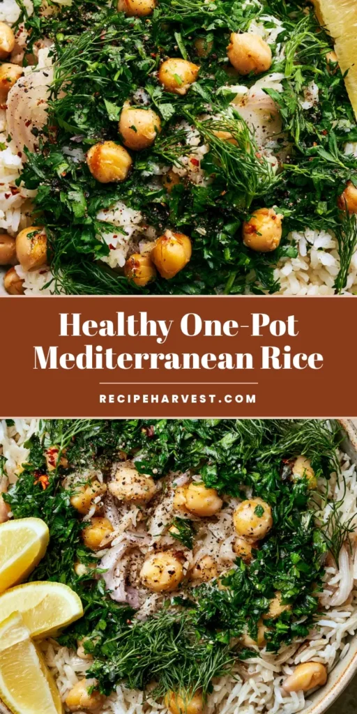 A close-up vertical shot of Mediterranean Rice and Beans in a rustic bowl, featuring fluffy white rice, chickpeas, fresh dill, and lemon wedges. (Mediterranean Rice and Beans)