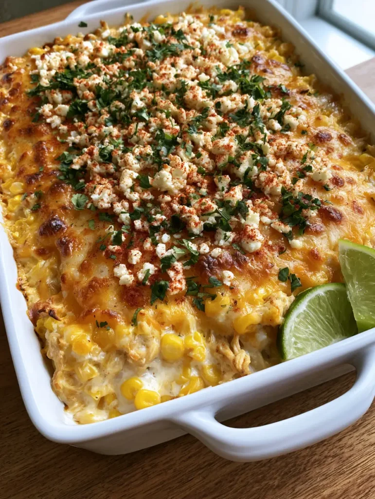 Street Corn Chicken Casserole: The Easiest Cheesy Weeknight Dinner 1 Top view of a Street Corn Chicken Casserole with a golden-brown cheese crust and fresh lime wedges on the side.
