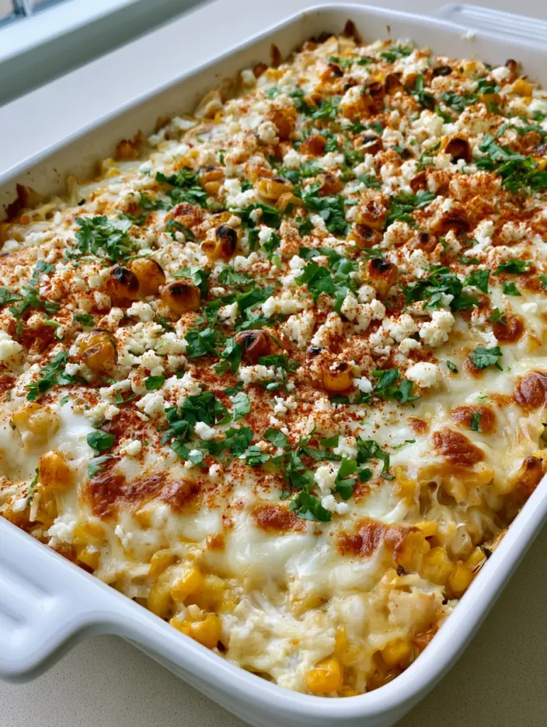 Street Corn Chicken Casserole: The Ultimate Cheesy Weeknight Dinner 1 Street Corn Chicken Casserole garnished with fresh cilantro, red chili powder, and crumbled cotija cheese.