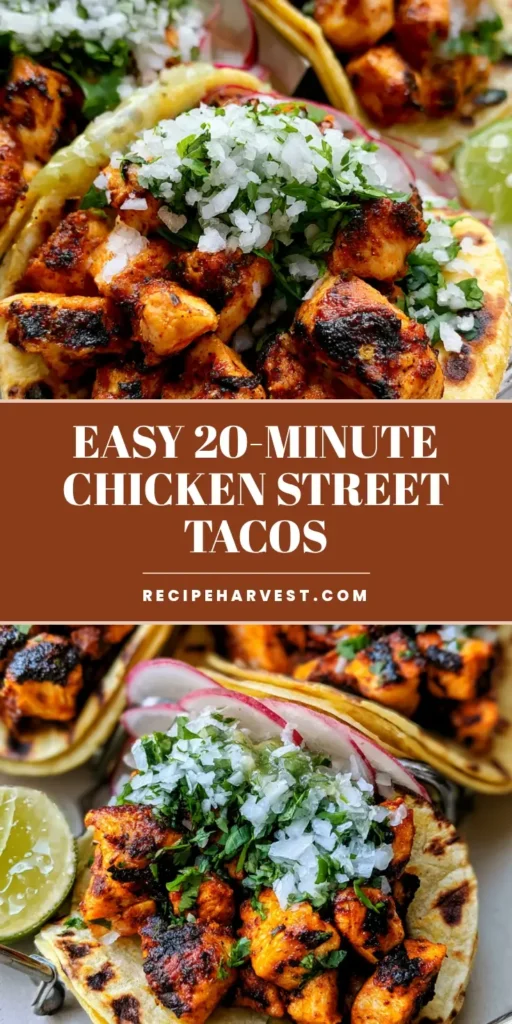 Chicken Street Tacos with Orange Spice Rub and Salsa Verde 4 Three Chicken Street Tacos in a metal holder with orange spiced chicken, minced onion, cilantro, radish slices, and salsa verde on charred corn tortillas.
