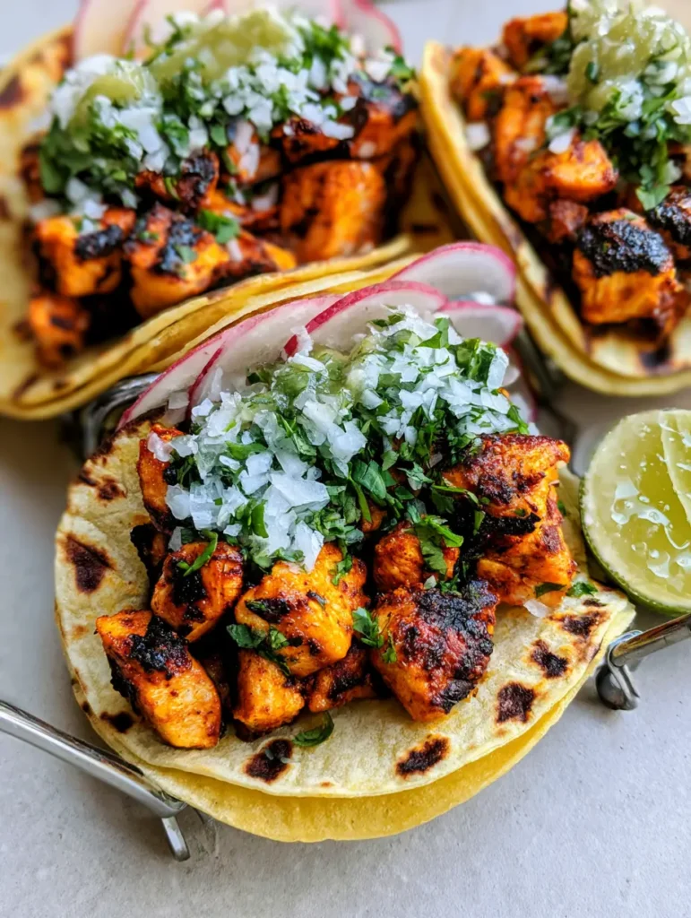 Close-up of Chicken Street Tacos showing the caramelized edges of the orange chicken marinade and charred yellow corn tortillas.