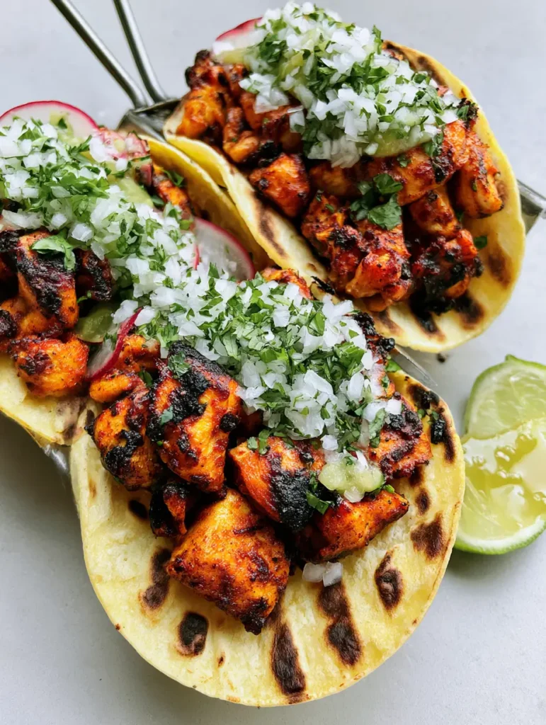 Chicken Street Tacos with Orange Spice Rub and Salsa Verde 1 Handheld smartphone style photo of three street tacos featuring radish slices and pale green salsa verde.