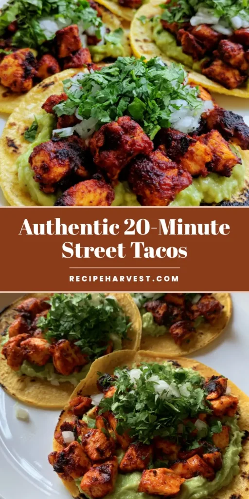 Authentic Chicken Street Tacos with Zesty Chili Marinade 3 Three Authentic Chicken Street Tacos on small charred yellow corn tortillas with cubed chili chicken and smooth guacamole.