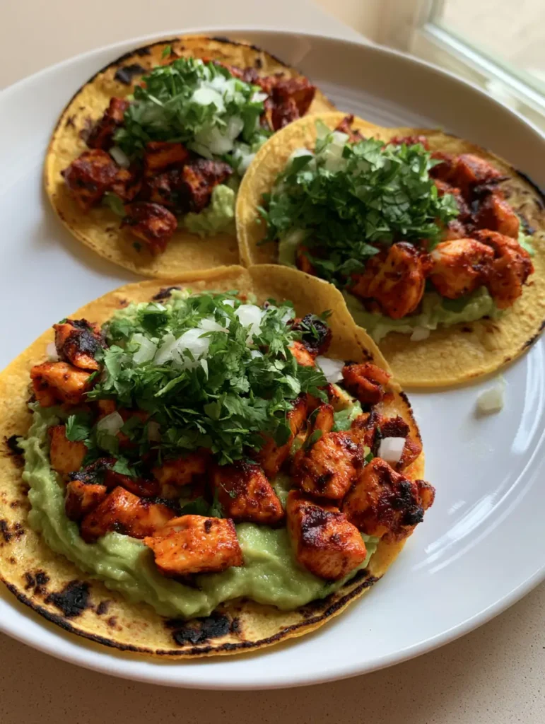 Authentic Chicken Street Tacos with Zesty Chili Marinade 2 Close up of small charred yellow corn tortillas filled with cubed chicken in a dark red chili rub and smooth guacamole base. (Authentic Chicken Street Tacos)