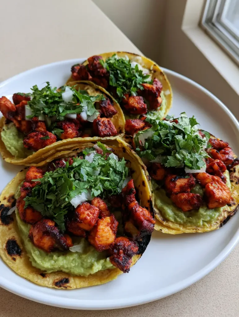 Authentic Chicken Street Tacos with Zesty Chili Marinade 1 Overhead shot of three chicken street tacos topped with white onions and cilantro on a white ceramic plate.