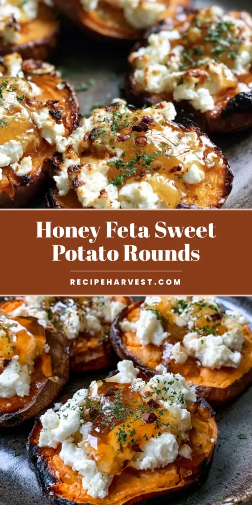 Roasted Sweet Potato Rounds with Salty Feta and Glossy Honey 4 A close-up vertical shot of Roasted Sweet Potato Rounds on a dark rustic plate, topped with white feta cheese, glossy honey, green parsley, and red chili flakes.
