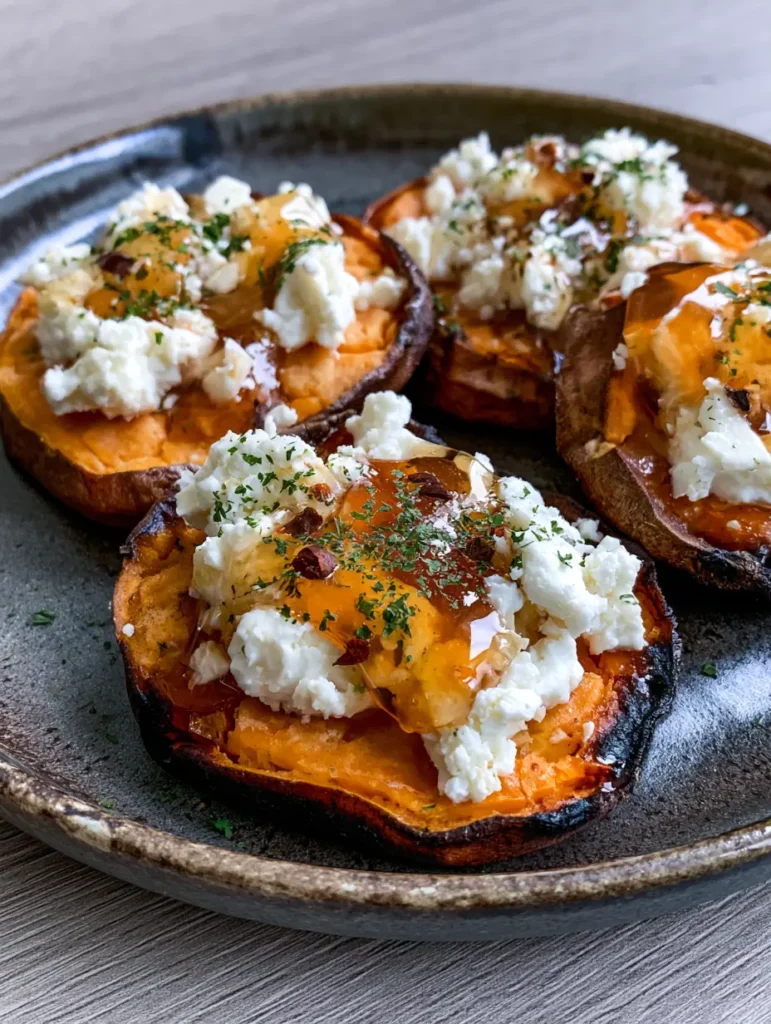 Roasted Sweet Potato Rounds with Salty Feta and Glossy Honey 2 Close-up of thick-cut Roasted Sweet Potato Rounds featuring charred caramelized edges and soft orange centers on a neutral wooden surface.