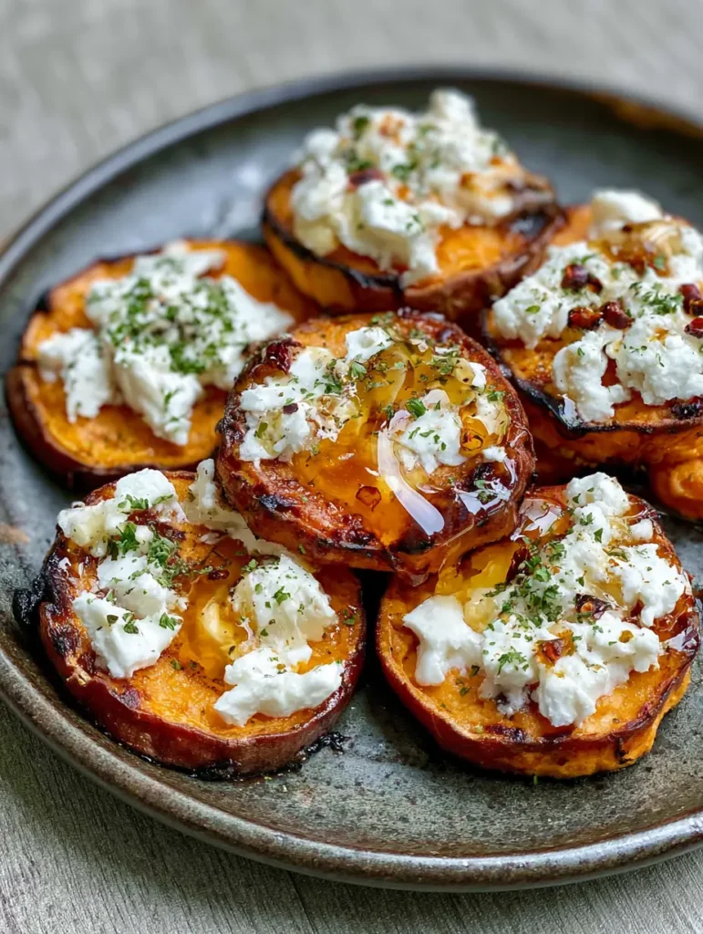 Roasted Sweet Potato Rounds with Salty Feta and Glossy Honey 1 Roasted Sweet Potato Rounds assembled on a dark ceramic plate with a thick glossy amber honey drizzle and creamy crumbled white feta.