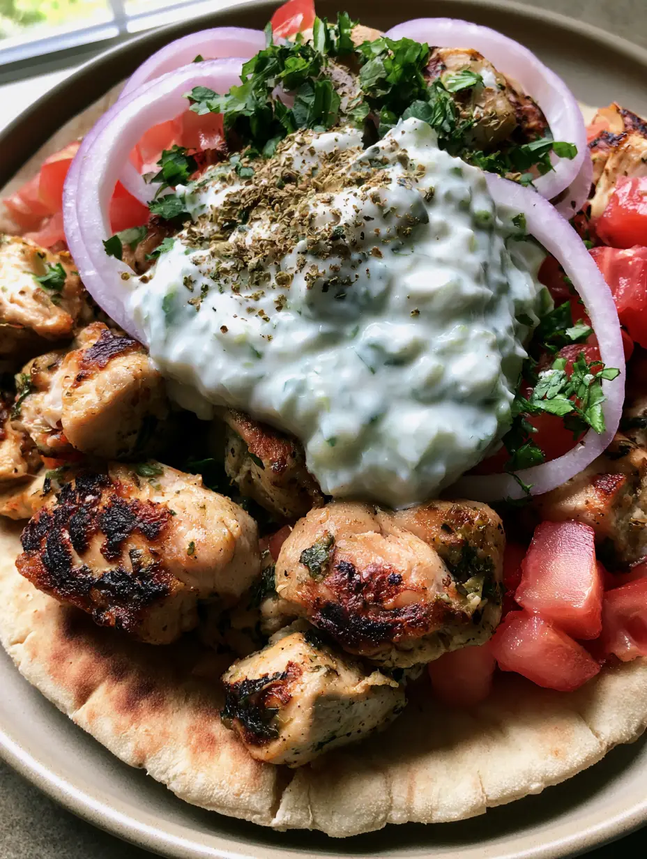Greek Chicken Gyros with seared chicken breast, red onions, and tomatoes on a toasted pita bread.