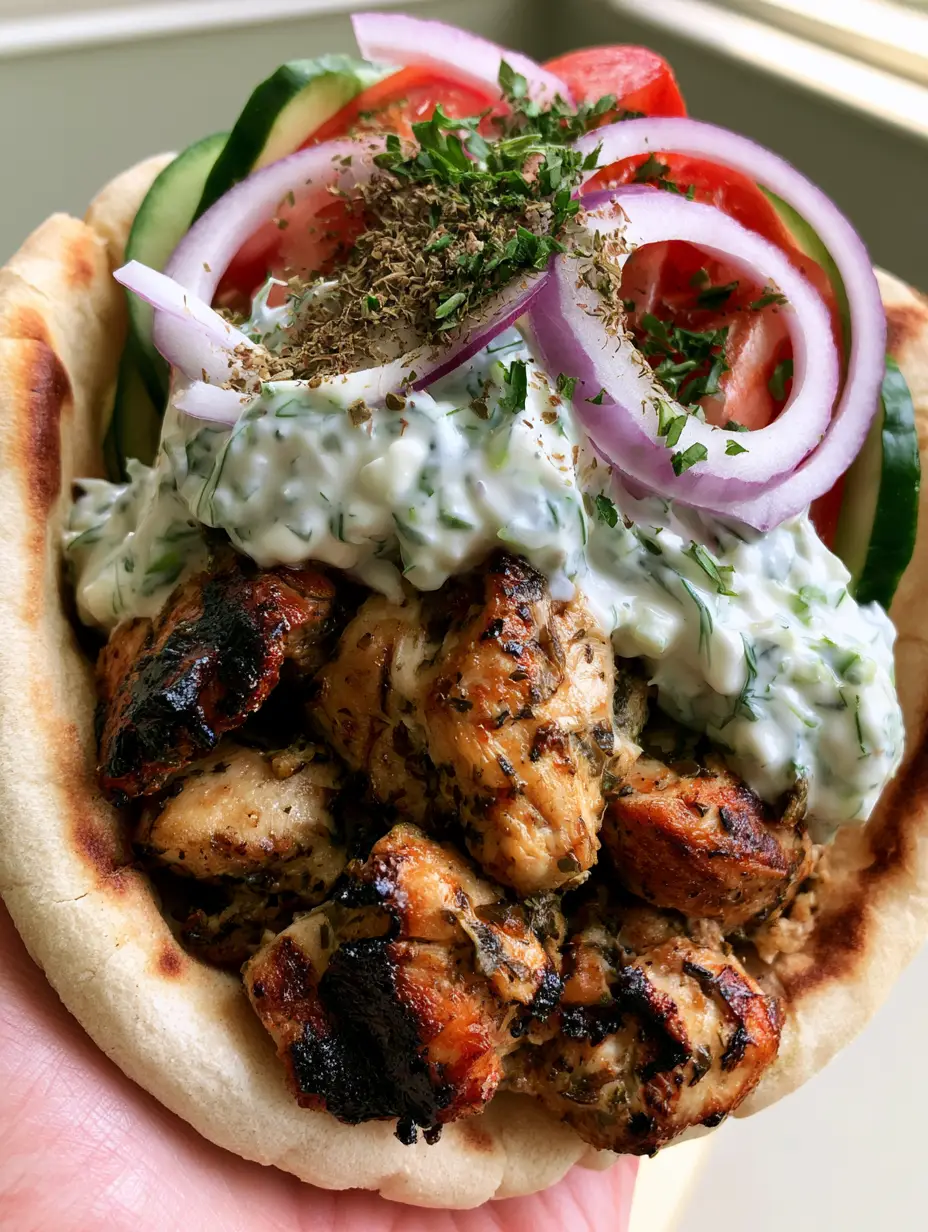 A handheld Greek Chicken Gyro held against a neutral background showing golden brown chicken chunks and green dill in tzatziki sauce. (Greek Chicken Gyros)