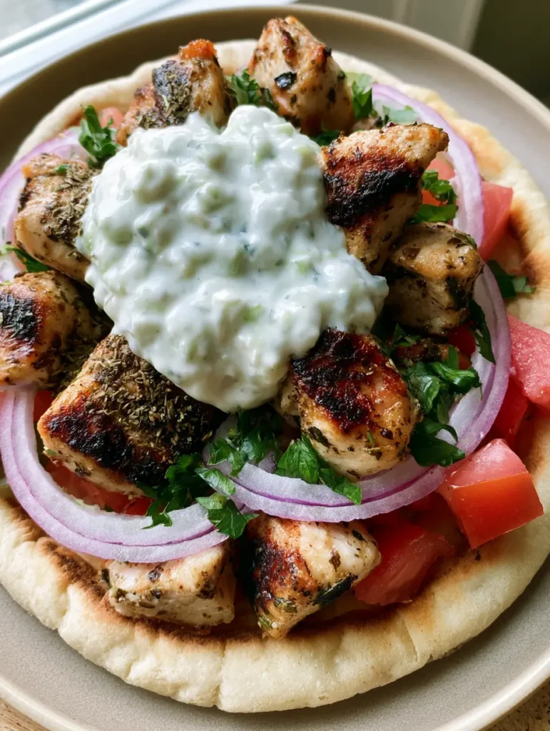 Detailed shot of creamy tzatziki sauce with fine green cucumber bits dolloped over seared chicken gyros.