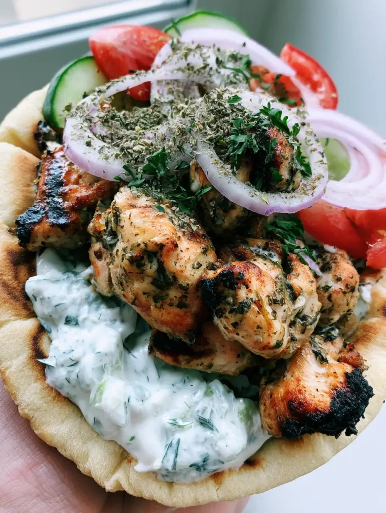 Side view of a Greek Chicken Gyro featuring sliced red onions, cucumber crescents, and a dusting of dried oregano.