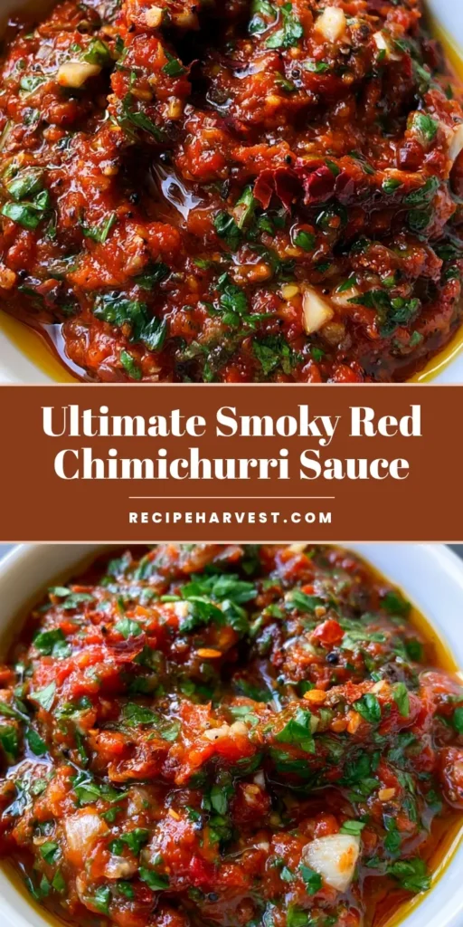 A small white ceramic bowl filled with chunky Smoky Red Chimichurri Sauce showing roasted red pepper pulp, green parsley, and glossy olive oil.