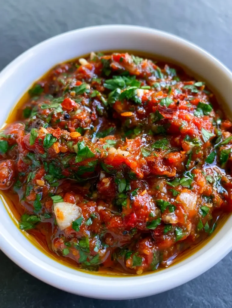 Close-up of Smoky Red Chimichurri Sauce in a white bowl showing the thick texture of pepper pulp and minced garlic.