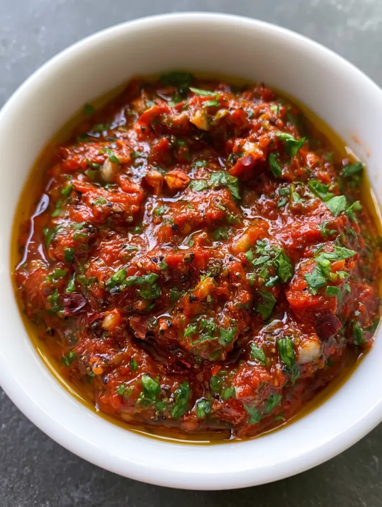 Smoky Red Chimichurri Sauce with a glossy oil finish on a dark stone surface.