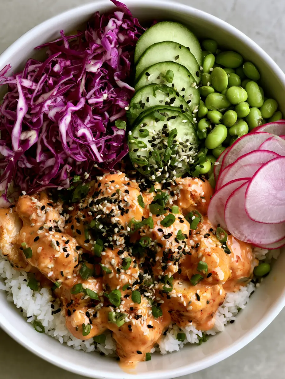 Bang Bang Chicken Bowl: The Ultimate 30-Minute Meal Prep 3 High-angle shot of a Bang Bang Chicken Bowl showcasing the vibrant sections of cucumber, radish, and saucy chicken chunks. (Bang Bang Chicken Bowl)