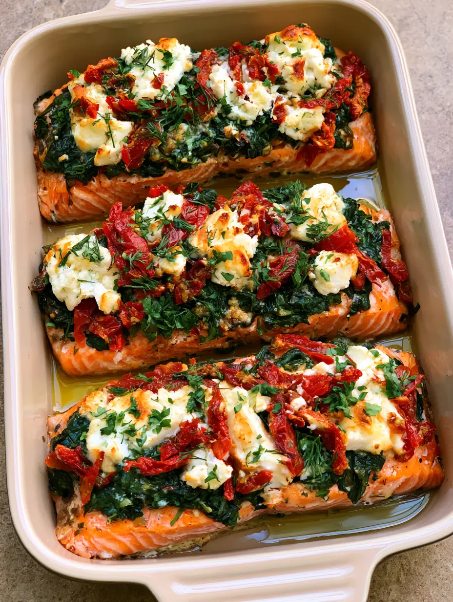 Mediterranean Baked Salmon with Feta and Sun-Dried Tomatoes 4 Top-down view of Mediterranean Baked Salmon fillets in a rectangular ceramic dish featuring fresh herbs and olive oil sheen.