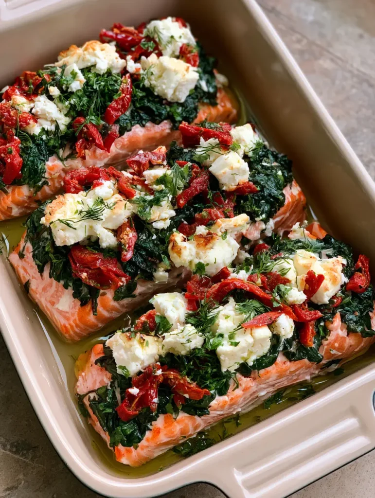 Mediterranean Baked Salmon with Feta and Sun-Dried Tomatoes 1 Detailed view of moist and flaky Mediterranean Baked Salmon layers with melted feta crumbles.