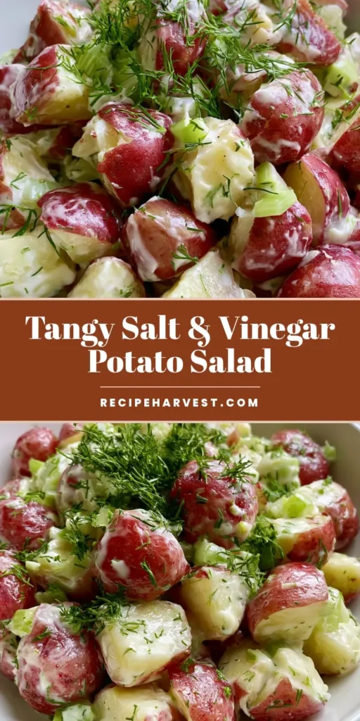 Salt and Vinegar Potato Salad: The Tangiest Red Potato Salad Recipe 4 A clean white ceramic bowl filled with Salt and Vinegar Potato Salad featuring red baby potatoes, fresh dill, and crisp celery on a gray linen tablecloth.