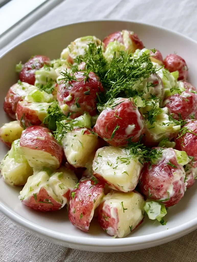 A close-up shot of tangy Salt and Vinegar Potato Salad showing the creamy mayo dressing and vibrant red potato skins.