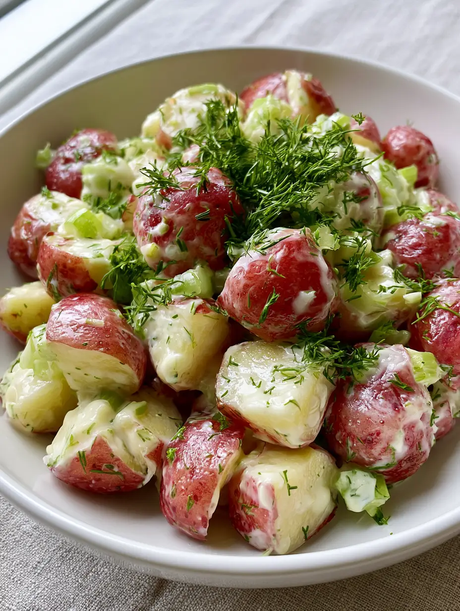 Salt and Vinegar Potato Salad: The Tangiest Red Potato Salad Recipe 3 A close-up shot of tangy Salt and Vinegar Potato Salad showing the creamy mayo dressing and vibrant red potato skins.